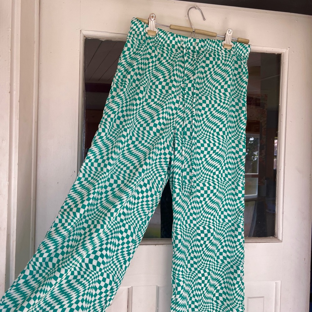 Lisa Says Gah Green Checkered Wide Leg Pants